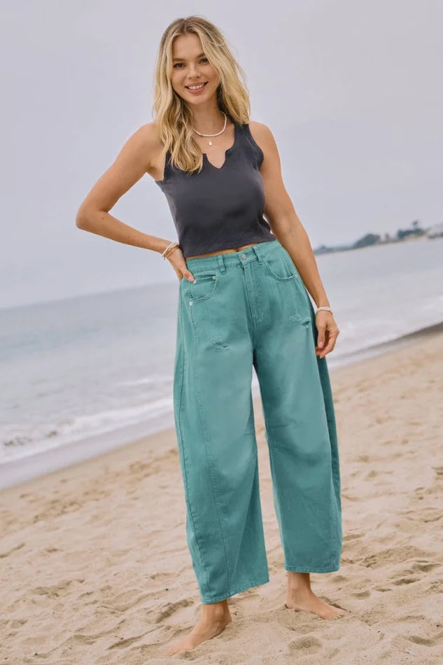 Acid Washed Seafoam Green Barrel Denim Pants
