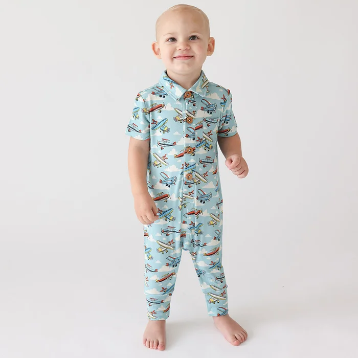 Aircraft Blue Boys Henley Romper | Posh Planes