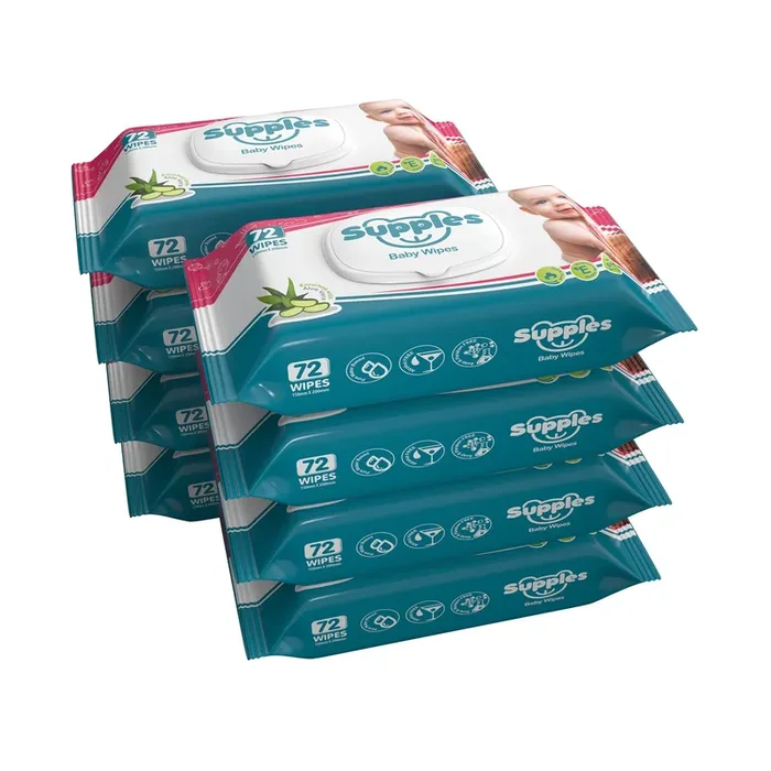 Amazon Brand – Supples Baby Wet Wipes with Lid 576 Wipes 72 Wipes x 8 Packs Enriched With Aloe Vera and Vitamin E Alcohol-Free and Paraben-Free Pure Water-Based formulation