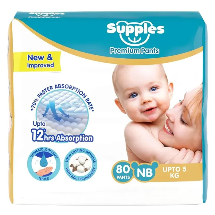 Amazon Brand – Supples Premium Diaper Pants for Newborn Babies 80 Diapers NB/XS Up to 5 Kg 12 Hrs Absorption Cushiony Cotton Soft Fabric Phthalates-Free Triple Leak Guard