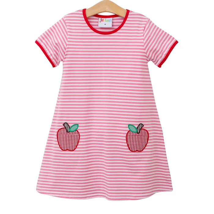 Apple Pocket Applique Dress by Jellybean Smock Candy