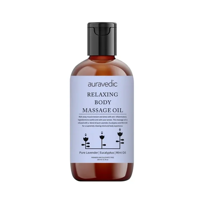 Auravedic Relaxing Body Massage Oil For Full Body Massager For Pain Relief Calming Moisturizer For Dry Skin Face 200 Ml Lavender Eucalyptus Mint Body Oil After Bath For Daily Use