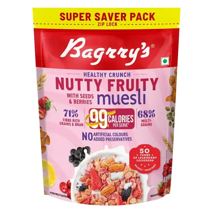 Bagrry‘s Healthy Crunch Nutty Fruity Muesli with Seeds, Nuts & Berries 1kg Pouch 78% Fruit, Nuts,Grains & Seeds No artificial colours