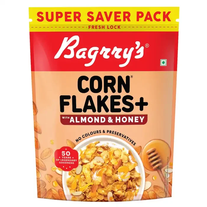 Bagrrys Corn Flakes Plus 750g, Almond and Honey, With Fibre Power California Almonds, Raw Honey, Golden Corn, Wheat Fibre High Fibre Breakfast Cereal Naturally Cholesterol Free Cornflakes