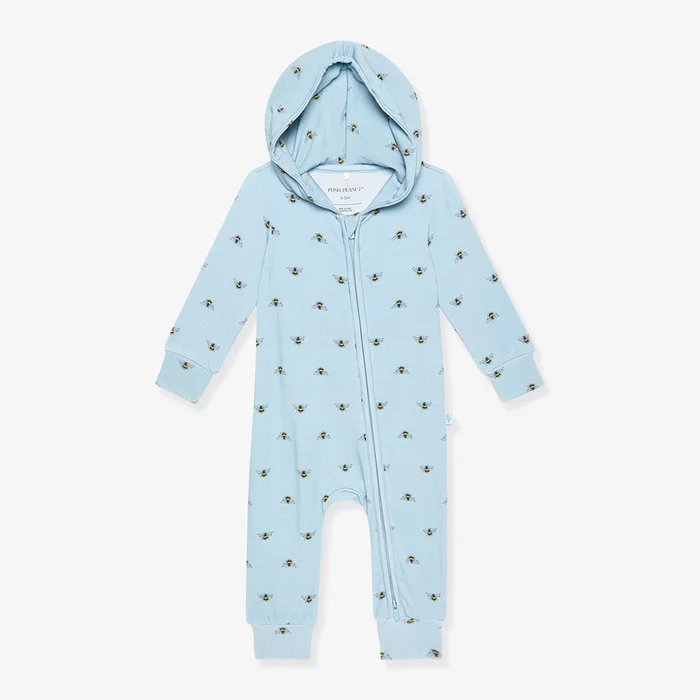 Bees Blue Long Sleeve Hooded Baby Romper | Zanna