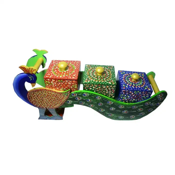 BIKANER GANGAUR IDOL Decorative Wooden Handmade Beautiful Peacock Shape Dry Fruit Box(15×7 inch)