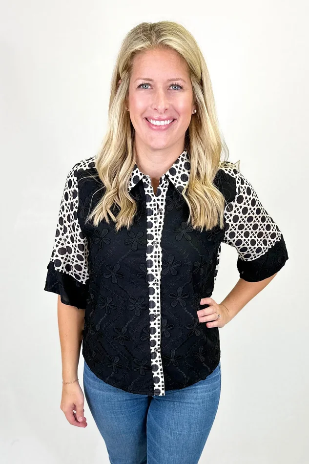 BLACK FLORAL EMBROIDERED & CANE PRINT CONTRAST TOP
