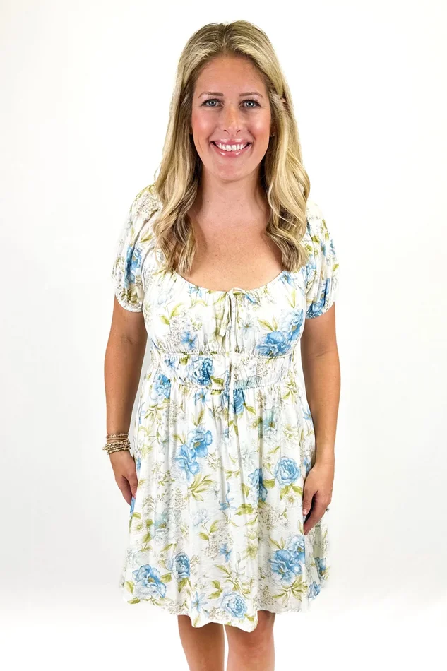 BLUE FLORAL PUFF SLEEVE BABYDOLL DRESS
