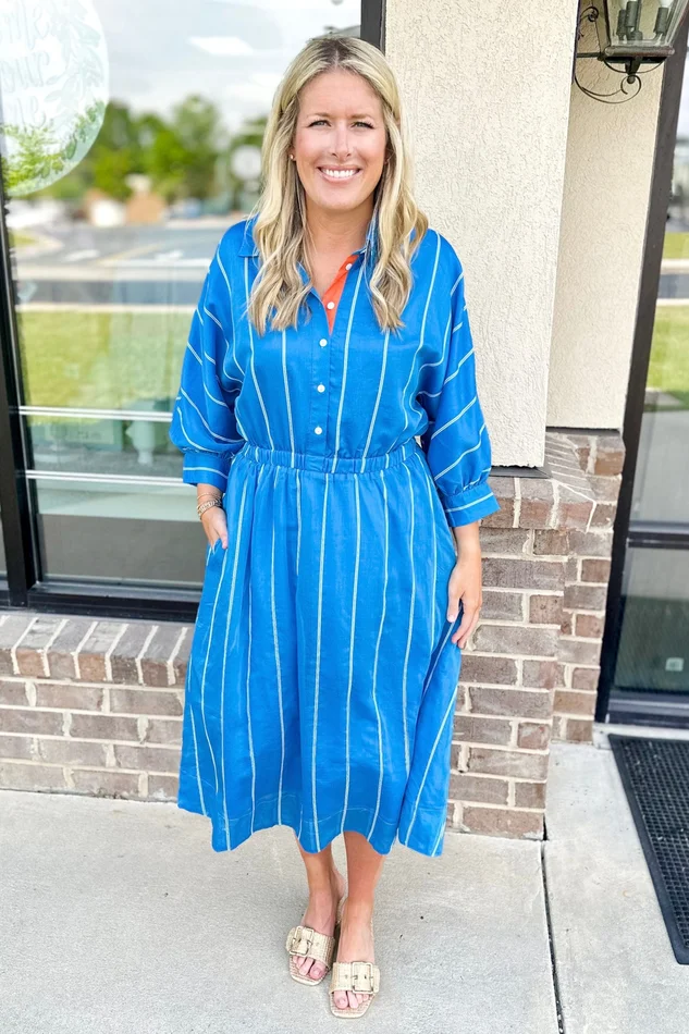 BLUE STRIPE ELASTIC WAIST BUTTON MIDI DRESS