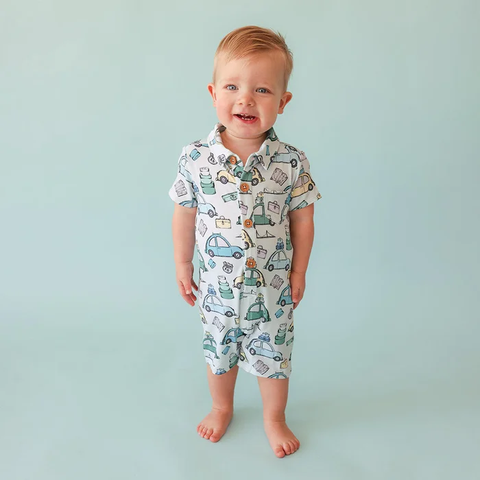 Buggy Green Collared Henley Short Romper | Travel Bug