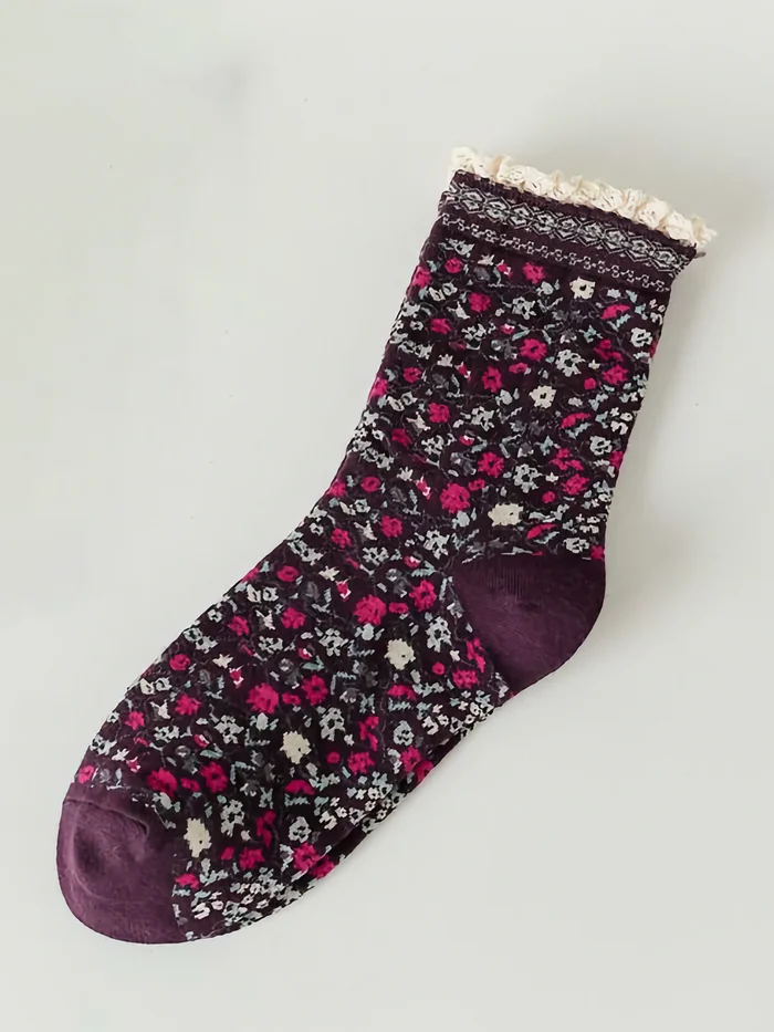 Burgundy Lace-Trimmed Floral Socks