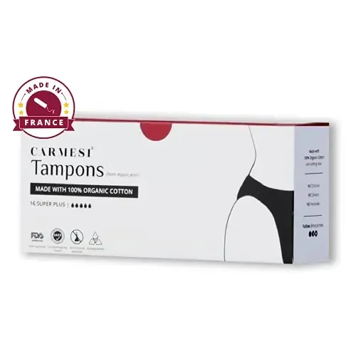 Carmesi 100% Organic Cotton Tampons – 16 Super Plus for Super-Heavy Flow – FDA Approved – Biodegradable – Made in Europe – Dermatologically Tested – No Chemicals – Rash-Free