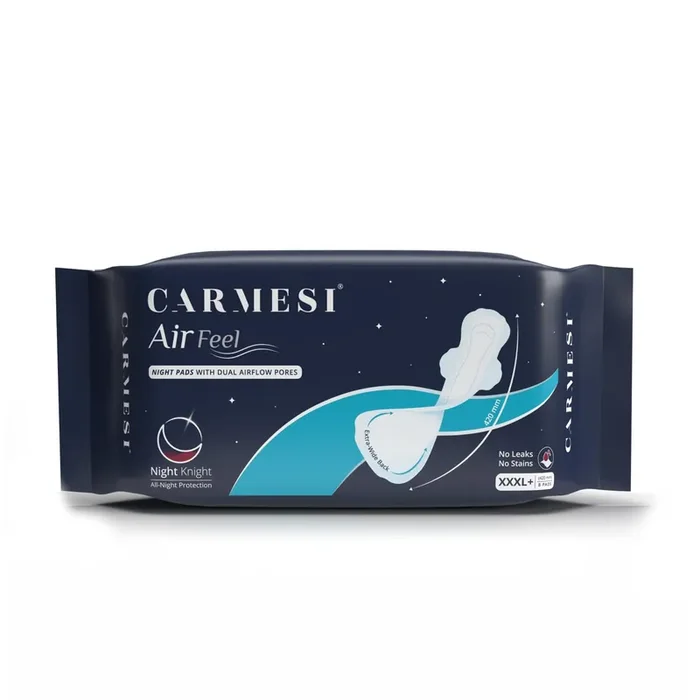 Carmesi Air Feel Night Sanitary Pads 8 XXXL+ Extra-Long Pads With Wide Back All-Night Stain Protection No Leaks Super-Absorbent Core Airy, Sweat-Free Soft & Ultra-Thin Non-Toxic