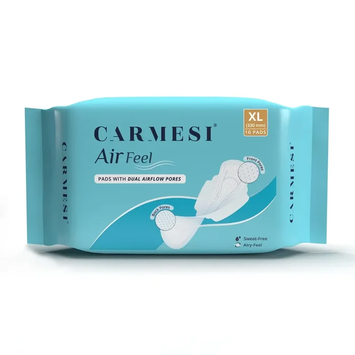 Carmesi Air Feel Sanitary Pads With Dual Airflow Pores – 10 XL Pads With Wide Back Airy, Dry, Sweat-Free, Rash-Free & Comfy Soft, Lightweight & Ultra-Thin Super-Absorbent Core Non-Toxic