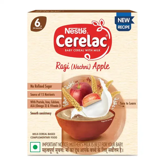 CERELAC Baby Cereal No Refined Sugar Ragi Apple for 6-24 months baby Omega 3 Iron Protein Calcium Vitamin D for babies Instant Infant Cereal Travel Friendly 300g