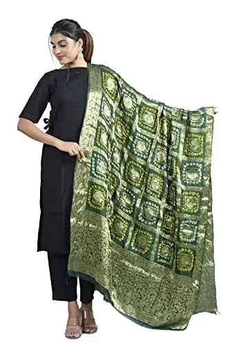 Chaukhat Women‘s Art Silk Banarasi Bandhej Ghatchola Dupatta Size- (2.5 Mtr), Bottle Green, Free Size