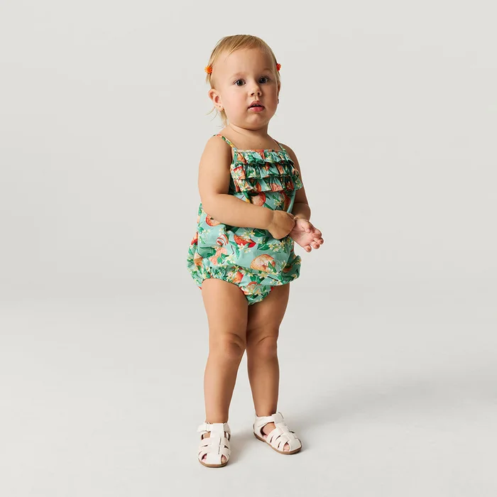 Citrus Green Daywear Arancia Challis Bubble Romper | Posh Peanut®