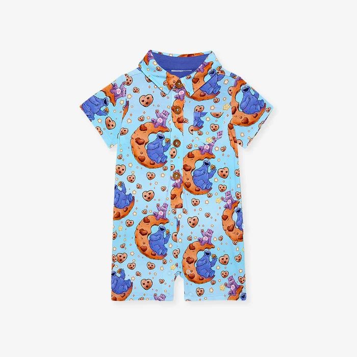 Cloudco Blue Collared Henley Short Romper | Care Bears™ Share Bear & Cookie Monster