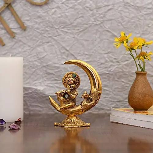 Collectible India Krishna Idol Murti Statue for Home Puja Decor – Golden ColorKrishna Idols on Moon Showpiece Decorative Gifts Set (Set of 1)