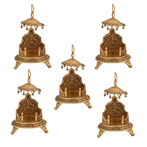 Collectible India Metal Singhasan Oval Shaped for Ganesha Krishna God Idols – Gold Plated Ladoo Gopal Pooja Chowki for Temple Mandir Puja Idol Decoration Items (5 Pieces)