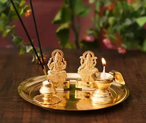 Collectible India Pooja thali Set for Aarti – Metal Laxmi Ganesh Idol Showpiece -Bhai Dooj Traditional Diya – Agarbatti Incense Stick Holders – Puja Article Spiritual Diwali Gift Items (10 Box)