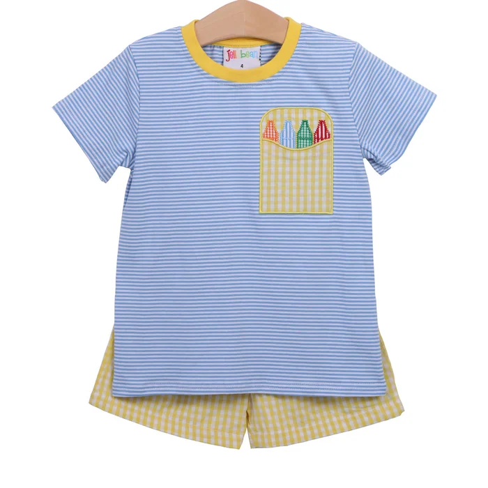 Crayon Pocket Applique Short Set by Jellybean Smock Candy