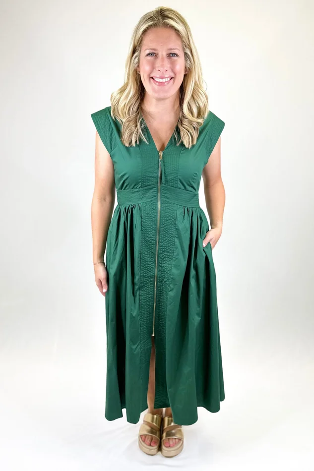 DARK GREEN ZIP FRONT SMOCKED WAIST MIDI DRESS