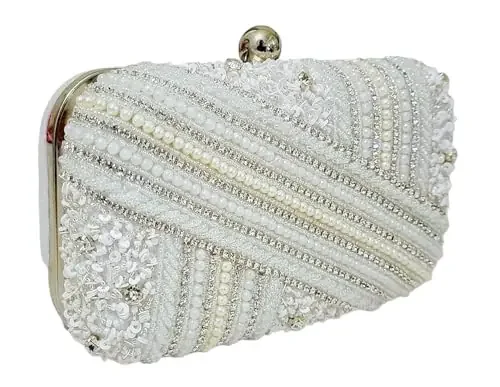 DUCHESS Women‘s Girl‘s Pearl Beaded Silver Box Clutch for Wedding, Silver, M
