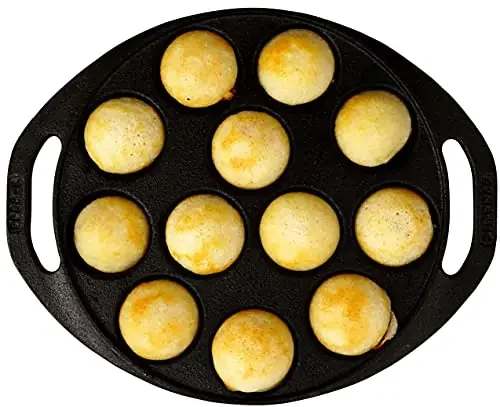DYNAMIC COOKWARES Mini Paniyaram Pan Cast Iron Flat Bottom Tawa 8 Inches 12 Cavity Works with Induction Base and Electrical Cook top Black