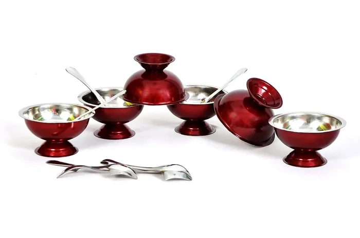 Dynore Set of 12 Maroon Stainless Steel ice Cream Cup/Soup Bowl and Spoon Set- 6 Each