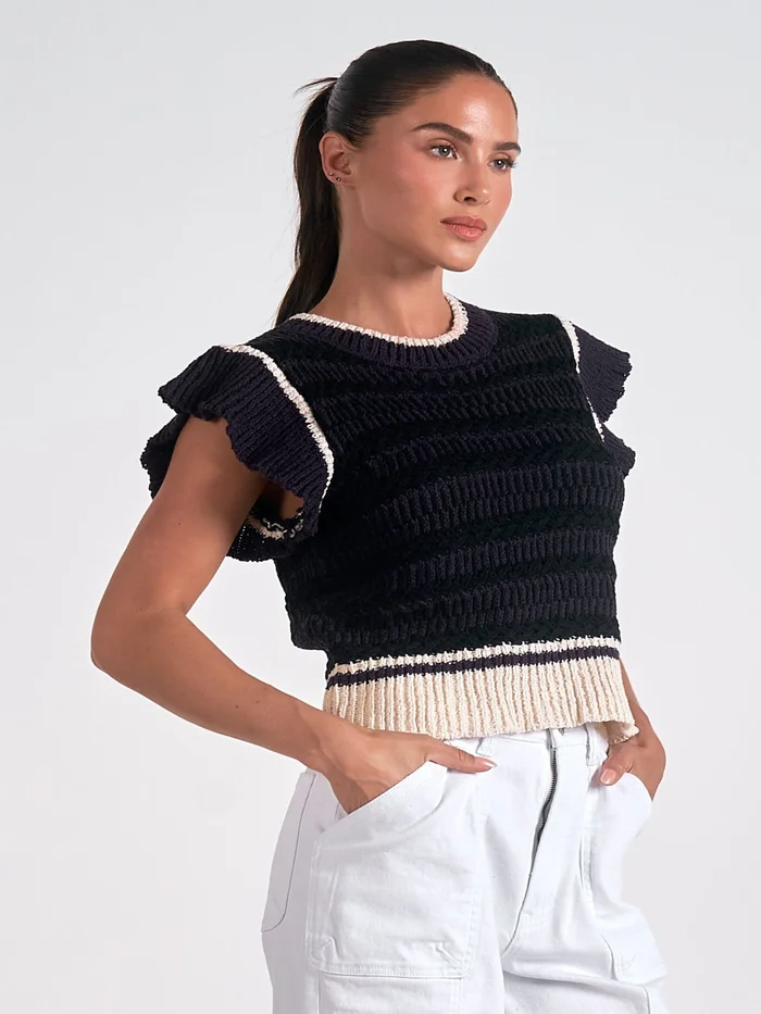 Elan Sweater Cap Sleeve Crewneck – Black/Beige