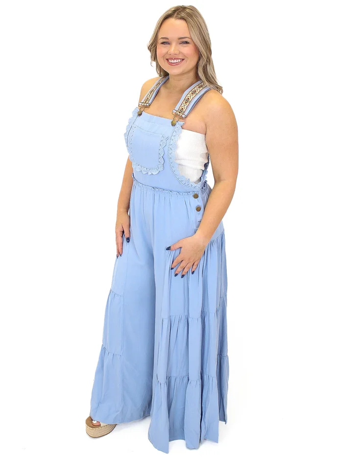 Embroidered Strap Lace Trim Overalls – Blue