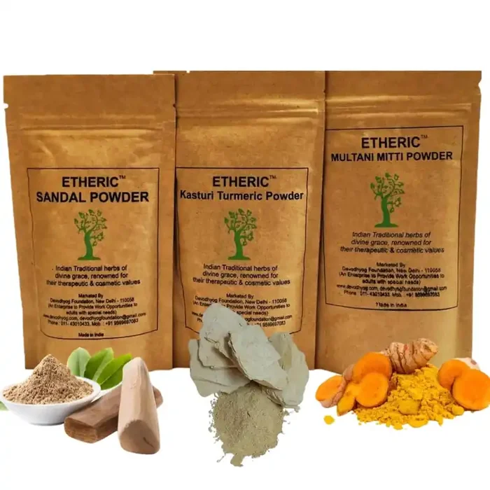 Etheric Glowing Skin Pack (Sandal+Kasturi Turmeric+Multani Mitti (3×75 Grams) For making skin fair, Acne treatment II Wrinkle Removal II Reduce Blemishes (3 X100 Grams)