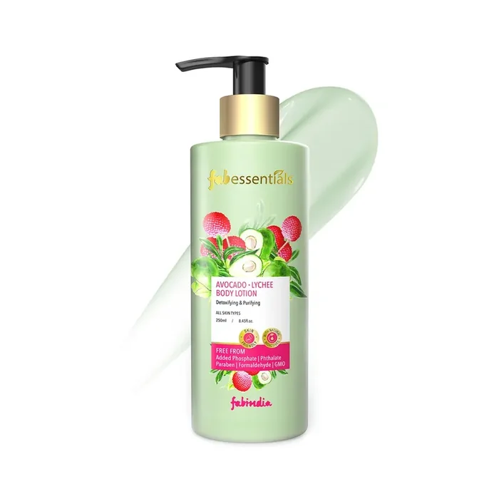 Fabessentials Avocado Lychee Body Lotion – 250ml Almond Oil Detoxifying & Purifying Lotion Moisturises & Nourishes Protects against sunburn Non-Sticky Body Lotion for Women & Men