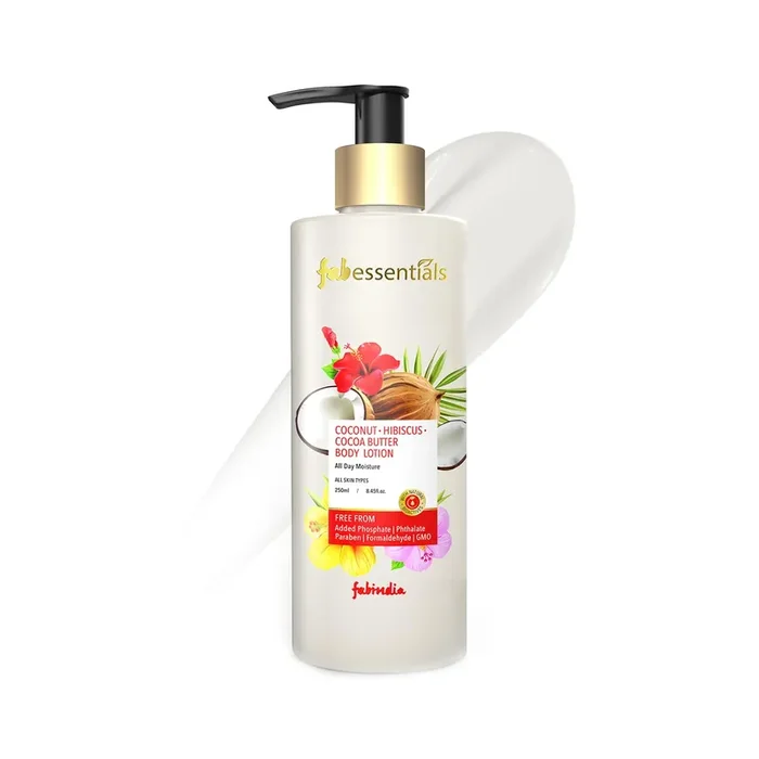Fabessentials Coconut Hibiscus Cocoa Butter Body Lotion – 250ml Aloe Vera & Cocoa Butter Body Cream Moisturises and hydrates Reduces roughness & Softens Skin Non-Sticky Body Lotion for Women & Men