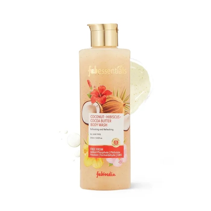 Fabessentials Coconut Hibiscus Cocoa Butter Exfoliating Body Wash – 250ml Aloe Vera & Vitamin E Cleanses Gently & Hydrates Skin Deep Nourishing & Skin Brightening Body Lotion Moisturizing Body Lotion