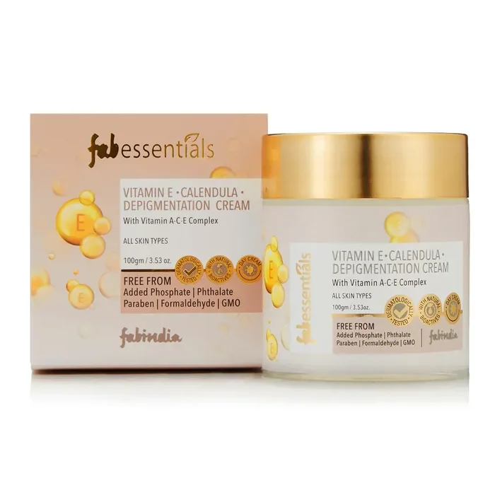 Fabessentials Vitamin E Calendula Depigmentation Cream With Vitamin A-C-E Complex Kojic Acid & Alpha Arbutin Reduces Pigmentation & Dark Spots Paraben Free 100gm