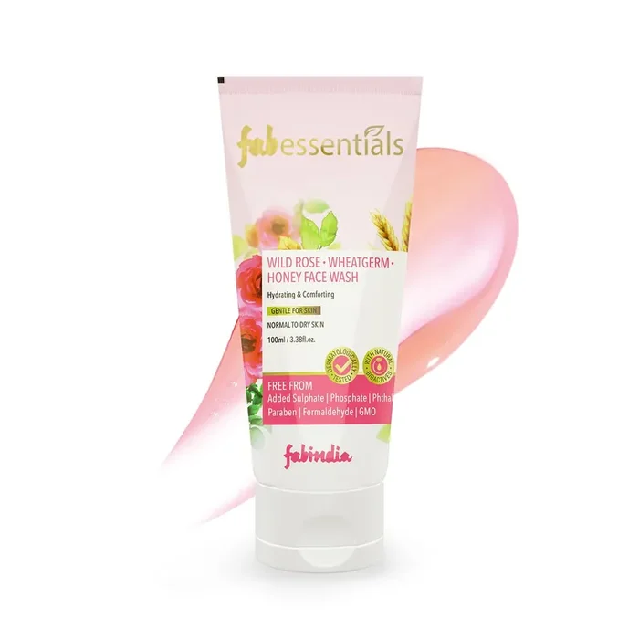 Fabessentials Wild Rose Wheatgerm Honey Face Wash 100% Organic Steam Distilled Rose Water Refreshing Hydrating & Comforting Reduces Dryness & Dullness 100 gm