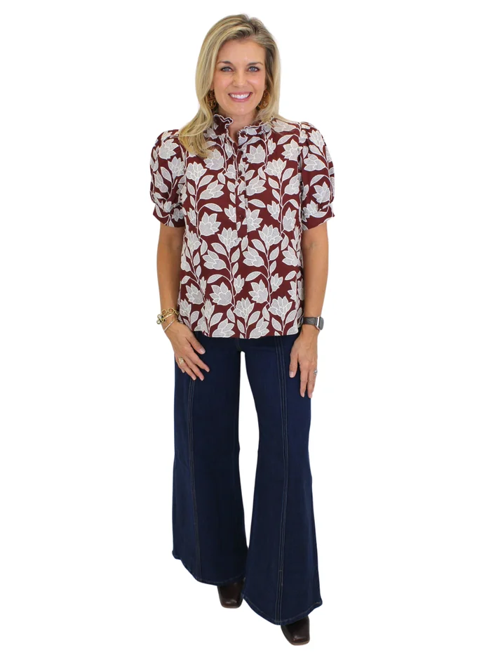 Fall Florals Puff Sleeve Top – Burgundy