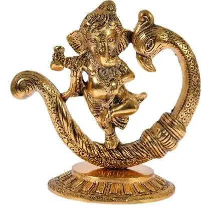Fashion Bizz Dancing Ganesha with Damaru on Peacock Symbol of Happiness Decorative Showpiece – 15 cm (Metal Gold)
