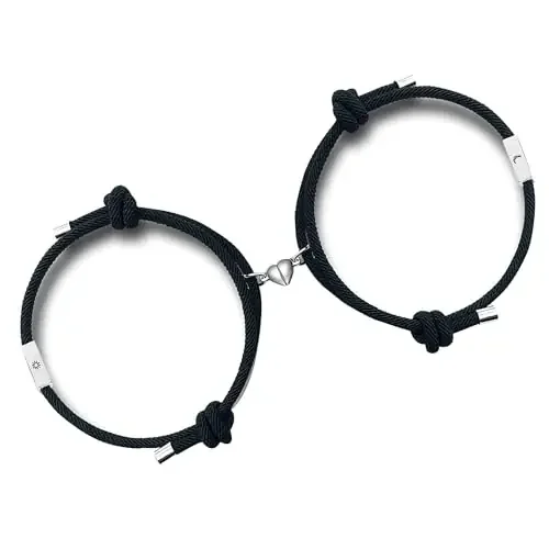Fashion Frill Couple Bracelets Stainless Steel Heart Shaped with Sun and Moon Attraction Matching Bracelet For Men Women Love Gifts, One Size, Thread, No Gemstone