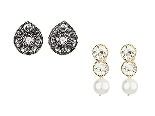 Firstblush Clip On Earrings For Non-Pierced Ears Comfortable Earrings For Women With Clip-On Gold-ColorWomens Earrings Exquisite & Dainty Modern Non-Piercing Earrings For Women Combo Of 2