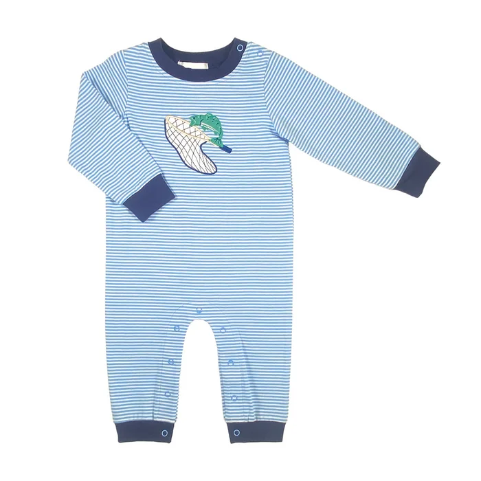 FISHING WITH A NET APPLIQUE BLUE STRIPED ROMPER