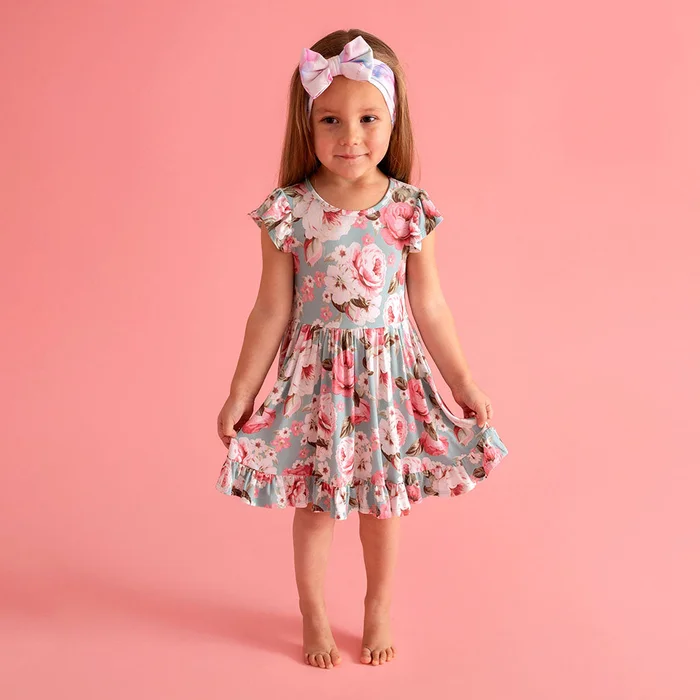 Floral Green Cap Sleeve Girl Twirl Dress | Briana
