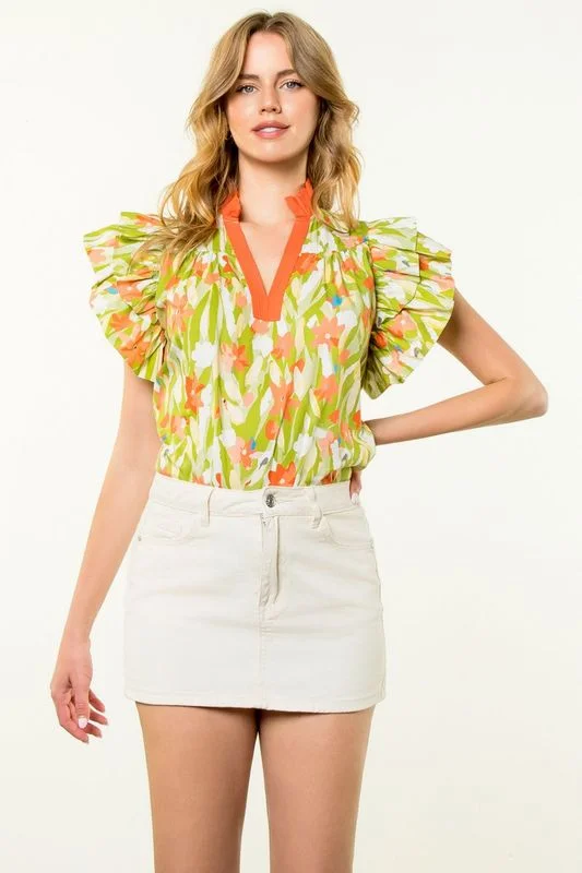 Flutter Sleeve Print Top Orange Trim