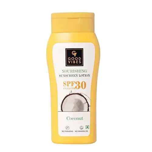 Good Vibes Coconut Nourishing Sunscreen Lotion SPF 30 (110 ml) Sun Protection For All Skin Types With Lime & Rosemary Leaf Oil Soothing De-Tanning Vegan No Parabens Mineral Oil & Silicones
