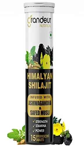 Grandeur Pure Himalayan Shilajit Ashwagandha Extract Safed Musli Gokshura & Saffron Effervescent Tablets For Men For Strength Stamina Performance 15 TABS 100% NATURAL PREMIUM VITALITY