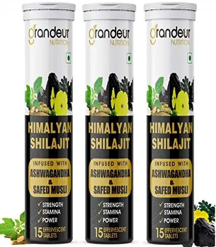 Grandeur Shilajit Ashwagandha Extract Effervescent Tablets For Men For Strength Stamina Performance 45 TABS 100% NATURAL PREMIUM VITALITY 1.5 MONTHS PACK