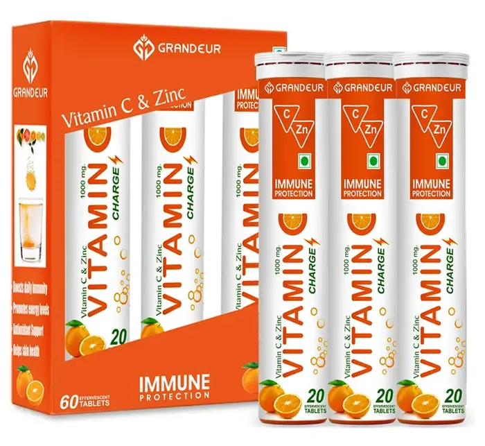 Grandeur Vitamin C Charge Immune Protection – With Natural Vitamin C & Zinc- 60 Effervescent Tablets Orange Flavour Immunity Booster Antioxidant Glowing Skin