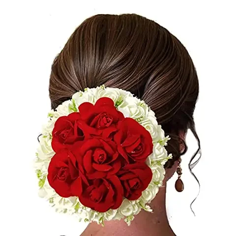 Hair Flare Artificial Floral Design with Red and White Roses Hair/Juda/Juda Bun Bridal Hair Accessories For Women and Girls- 2240 Pack of 1